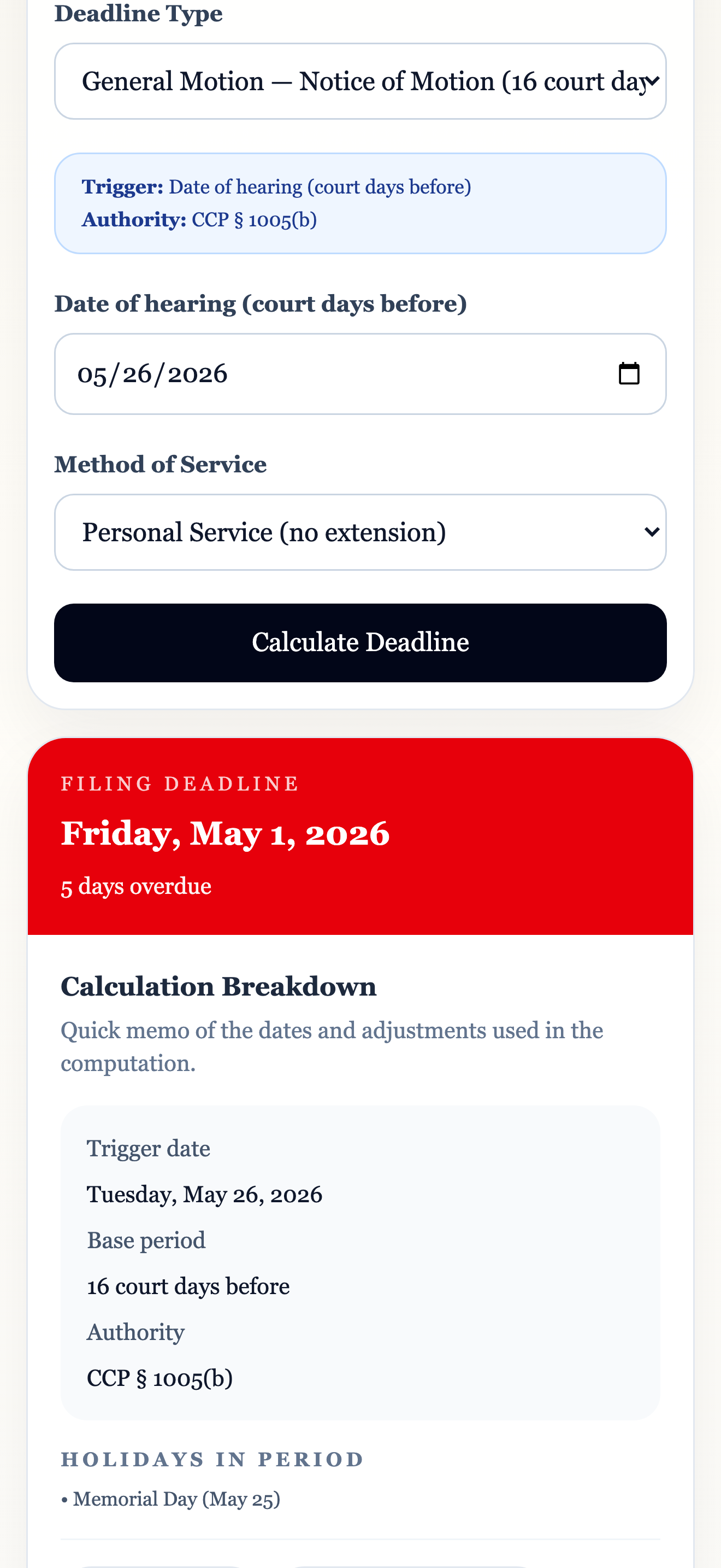 California Legal Deadline Calculator result screen